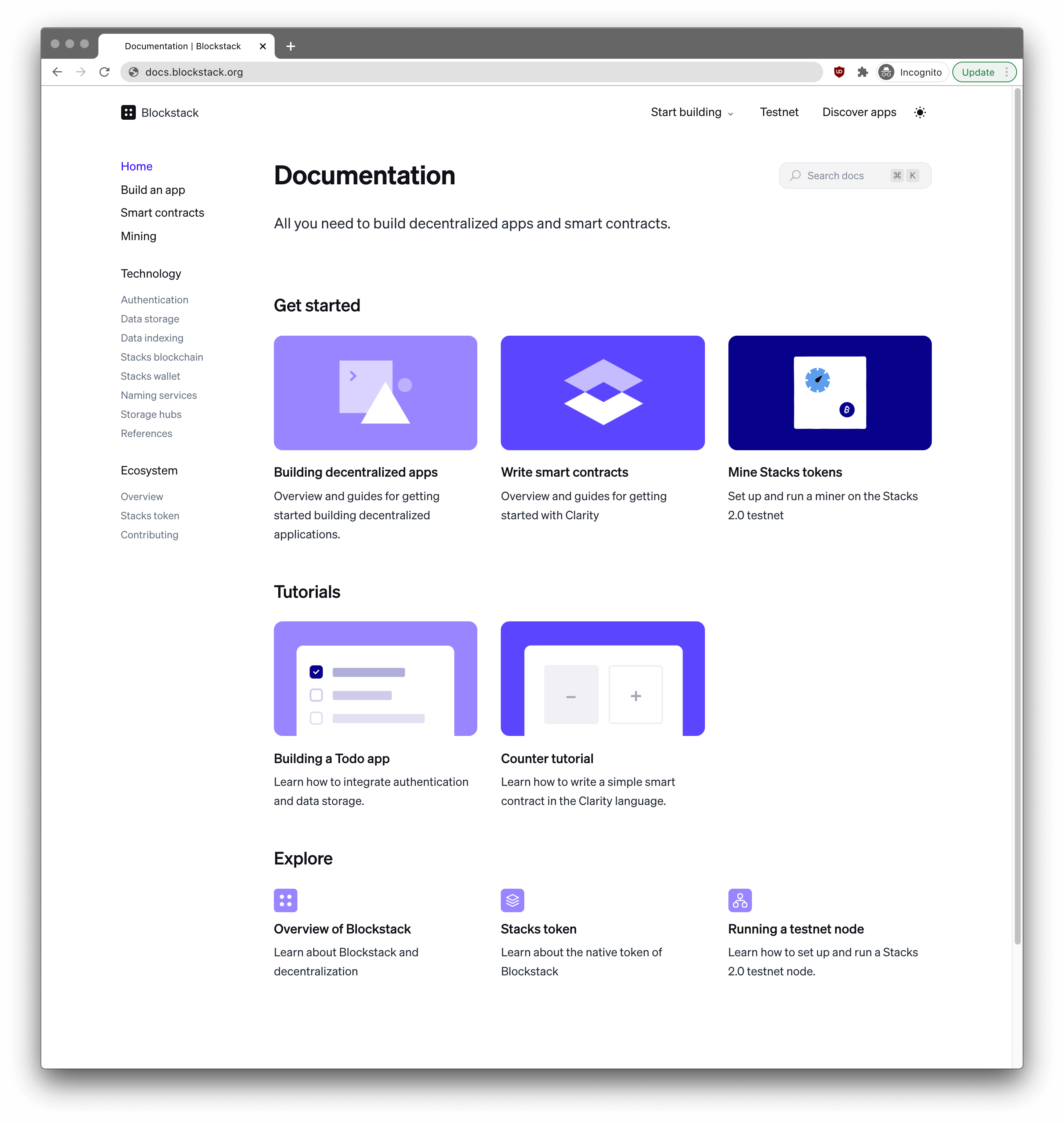 A screenshot of docs.blockstack.org