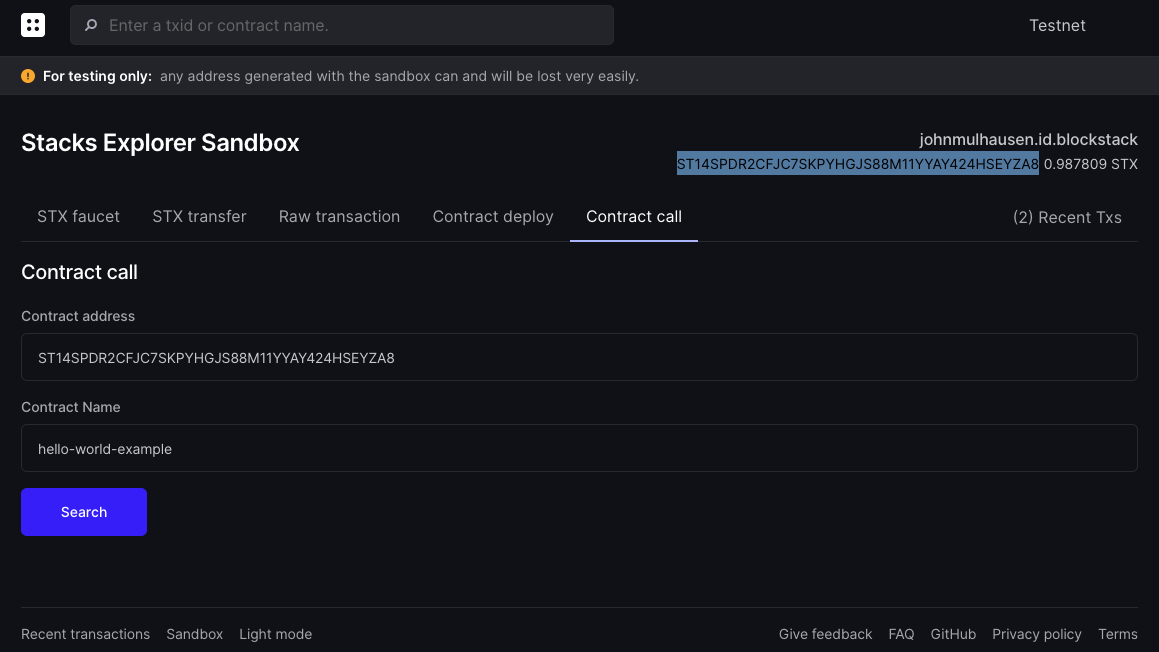 Screenshot of the Sandbox's contract call screen