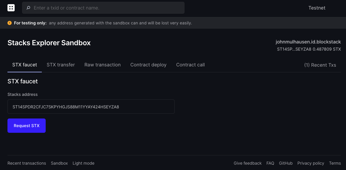 The faucet tab of the Stacks 2.0 Testnet Explorer